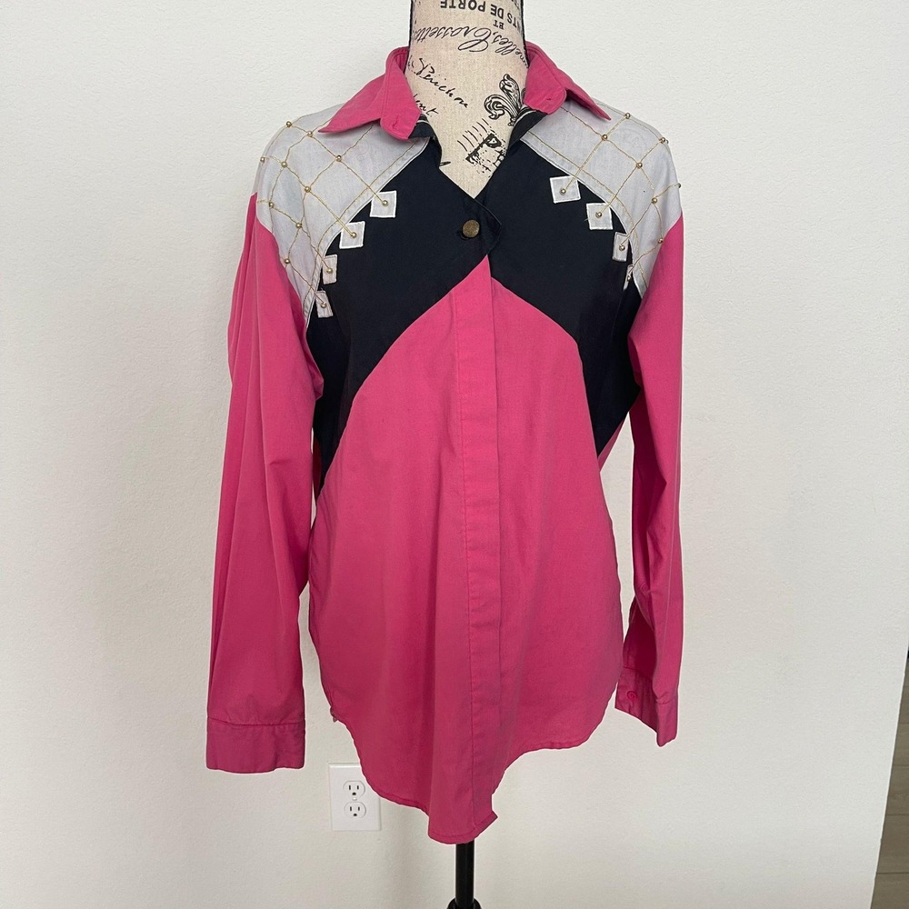 VTG Wrangler Western Pink Black Embellished‎ Long Sleeve button up cowgirl rodeo